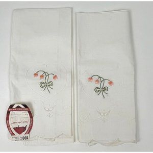 Vintage Hand-Embroidered Tea Towels White Pink Flowers Set of 2